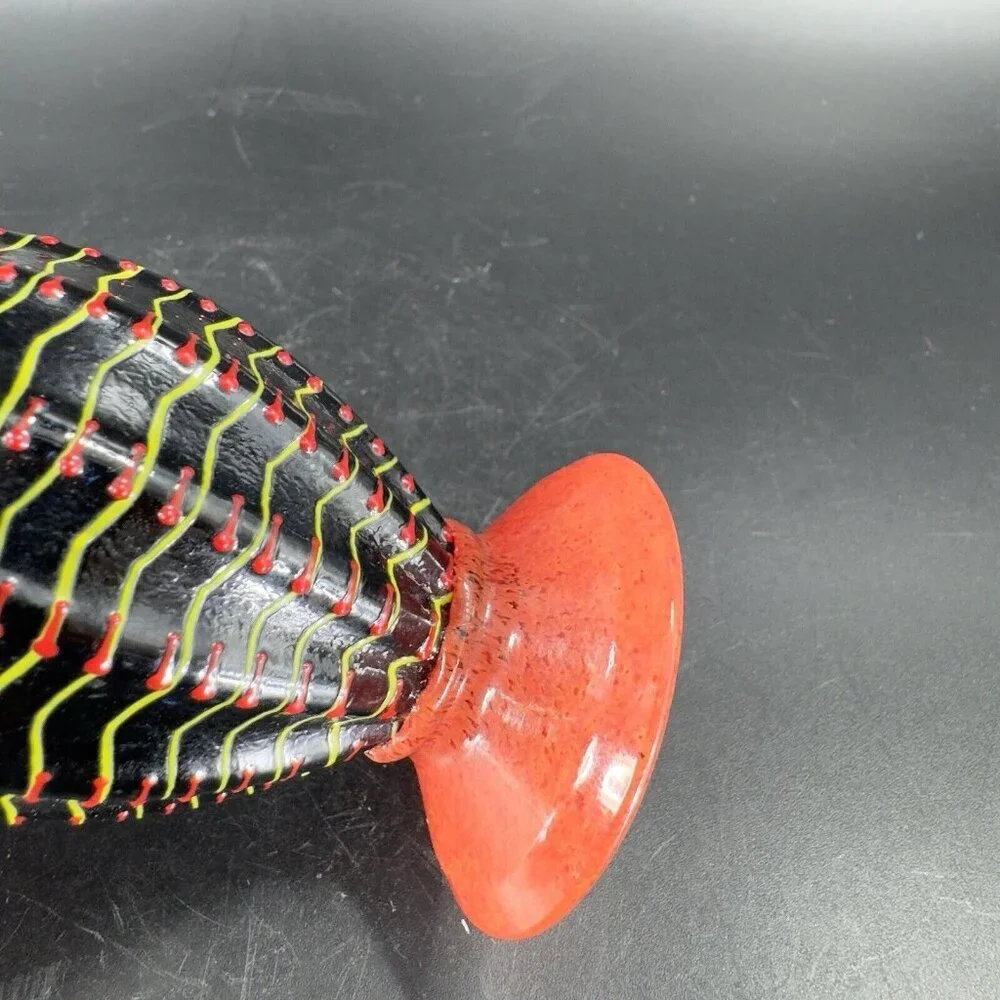 Hand Blown Studio Art Glass Vase Halloween‎ Decor Artist Signed Red Black Spider